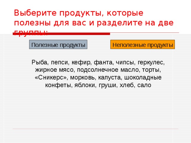 Выберите продукты, которые полезны для вас и разделите на две группы: Полезные продукты Неполезные продукты Рыба, пепси, кефир, фанта, чипсы, геркулес, жирное мясо, подсолнечное масло, торты, «Сникерс», морковь, капуста, шоколадные конфеты, яблоки, груши, хлеб, сало 