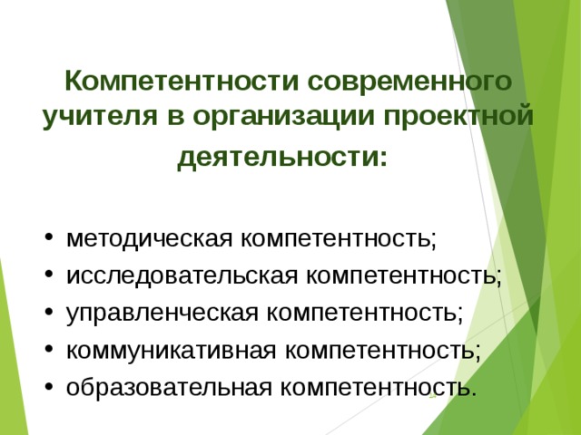 Компетентности современного учителя в организации проектной деятельности:  методическая компетентность; исследовательская компетентность; управленческая компетентность; коммуникативная компетентность; образовательная компетентность.  