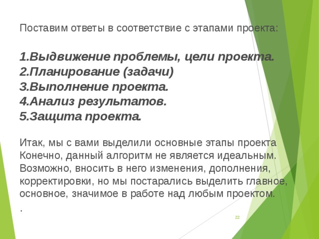 Поставим ответы в соответствие с этапами проекта: 1.Выдвижение проблемы, цели проекта. 2.Планирование (задачи) 3.Выполнение проекта. 4.Анализ результатов. 5.Защита проекта. Итак, мы с вами выделили основные этапы проекта Конечно, данный алгоритм не является идеальным. Возможно, вносить в него изменения, дополнения, корректировки, но мы постарались выделить главное, основное, значимое в работе над любым проектом. .  