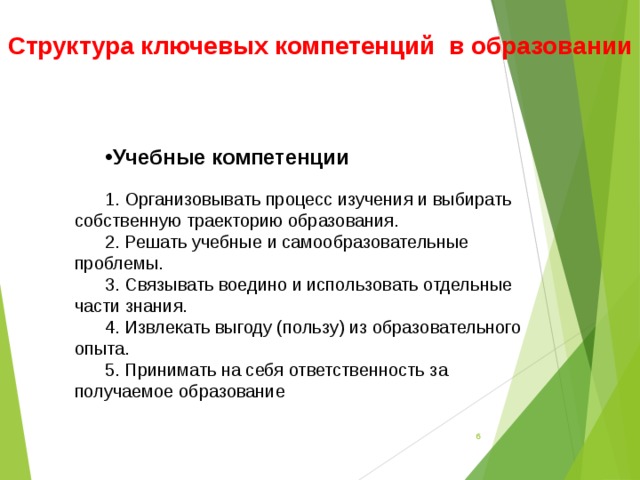 Структура ключевых компетенций в образовании Учебные компетенции 1. Организовывать процесс изучения и выбирать собственную траекторию образования. 2. Решать учебные и самообразовательные проблемы. 3. Связывать воедино и использовать отдельные части знания. 4. Извлекать выгоду (пользу) из образовательного опыта. 5. Принимать на себя ответственность за получаемое образование         