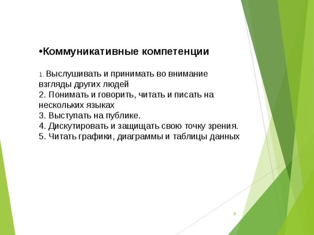Коммуникативные компетенции  1. Выслушивать и принимать во внимание взгляды других людей 2. Понимать и говорить, читать и писать на нескольких языках 3. Выступать на публике. 4. Дискутировать и защищать свою точку зрения. 5. Читать графики, диаграммы и таблицы данных  