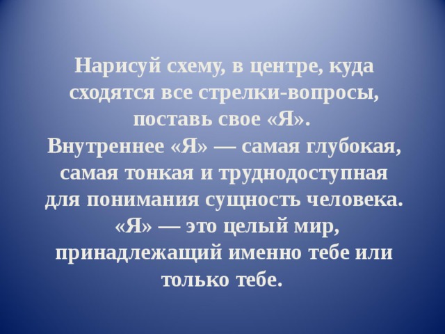 Нарисуй схему, в центре, куда сходятся все стрелки-вопросы, поставь свое «Я». Внутреннее «Я» — самая глубокая, самая тонкая и труднодоступная для понимания сущность че­ловека.  «Я» — это целый мир, принадлежащий именно тебе или только тебе.
