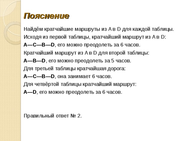 Пояснение Найдём крат­чай­шие марш­ру­ты из A в D для каж­дой таблицы. Исходя из пер­вой таблицы, крат­чай­ший марш­рут из A в D: A—C—B—D , его можно пре­одо­леть за 6 часов. Крат­чай­ший марш­рут из A в D для вто­рой таблицы: A—B—D , его можно пре­одо­леть за 5 часов. Для тре­тьей таб­ли­цы крат­чай­шая дорога: A—C—B—D , она за­ни­ма­ет 6 часов. Для четвёртой таб­ли­цы крат­чай­ший маршрут: A—D , его можно пре­одо­леть за 6 часов. Правильный ответ № 2. 