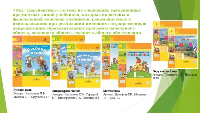 УМК «Перспектива» состоит из следующих завершенных предметных линий учебников, которые включены в федеральный перечень учебников, рекомендуемых к использованию при реализации имеющих государственную аккредитацию образовательных программ начального общего, основного общего, среднего общего образования (приказ Минобрнауки России от 31 марта 2014г. N 253): Окружающий мир .  Авторы:  Плешаков А.А., Новицкая М.Ю. Русский язык .  Авторы:  Климанова Л.Ф., Макеева С.Г., Бабушкина Т.В. Литературное чтение .   Авторы:  Климанова Л.Ф., Горецкий В.Г., Виноградская Л.А., Бойкина М.В. Математика .  Авторы:  Дорофеев Г.В., Миракова Т.Н., Бука Т.Б. 