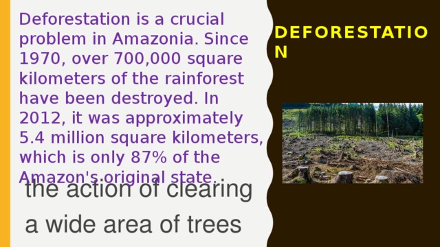 Deforestation is a crucial problem in Amazonia. Since 1970, over 700,000 square kilometers of the rainforest have been destroyed. In 2012, it was approximately 5.4 million square kilometers, which is only 87% of the Amazon's original state. Deforestation the action of clearing a wide area of trees 
