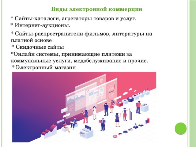 Виды электронной коммерции * Cайты-каталоги, агрегаторы товаров и услуг. * Интернет-аукционы. * Сайты-распространители фильмов, литературы на платной основе * Скидочные сайты *Онлайн системы, принимающие платежи за коммунальные услуги, медобслуживание и прочие. * Электронный магазин 