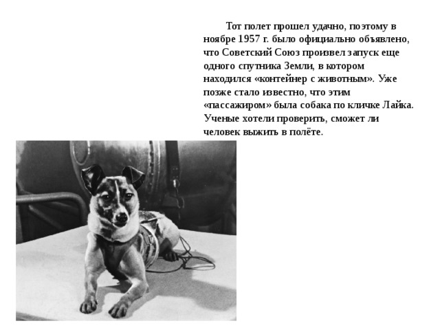 Тот полет прошел удачно, поэтому в ноябре 1957 г. было официально объявлено, что Советский Союз произвел запуск еще одного спутника Земли, в котором находился «контейнер с животным». Уже позже стало известно, что этим «пассажиром» была собака по кличке Лайка. Ученые хотели проверить, сможет ли человек выжить в полёте. 