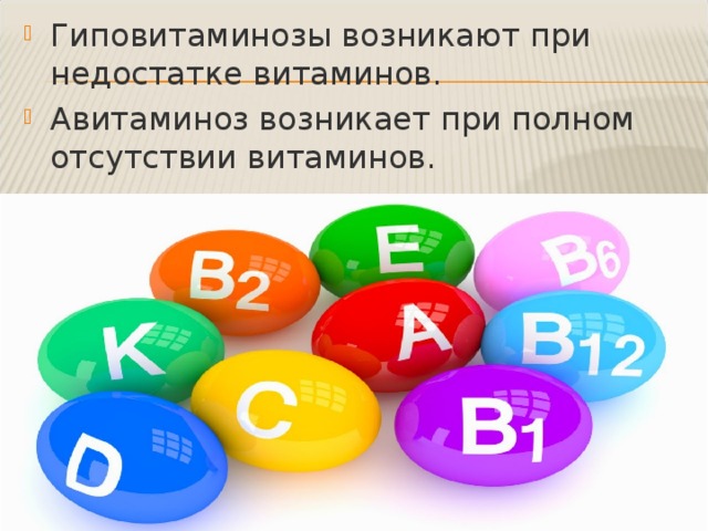 Гиповитаминозы возникают при недостатке витаминов. Авитаминоз возникает при полном отсутствии витаминов. 