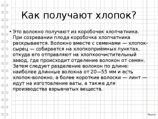 Как получают хлопок? Это волокно получают из коробочек хлопчатника. При созревании плода коробочка хлопчатника раскрывается. Волокно вместе с семенами — хлопок-сырец — собирается на хлопкоприёмных пунктах, откуда его отправляют на хлопкоочистительный завод, где происходит отделение волокон от семян. Затем следует разделение волокон по длине: наиболее длинные волокна от 20—55 мм и есть хлопок-волокно, а более короткие волоски — линт — идут на изготовление ваты, а также для производства взрывчатых веществ.    