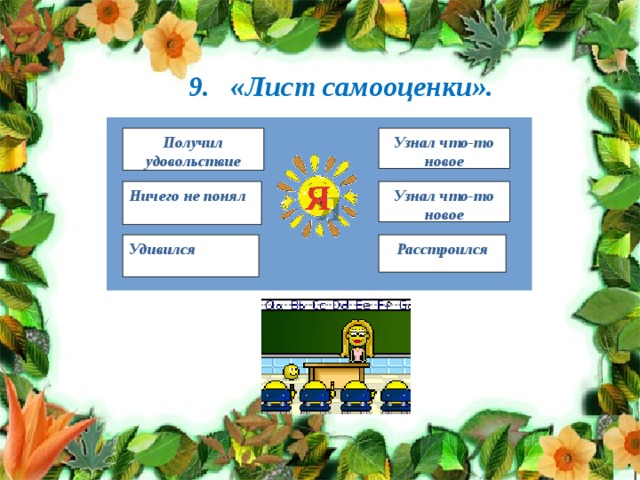 9. «Лист самооценки». Узнал что-то новое Получил удовольствие Я Ничего не понял Узнал что-то новое Удивился Расстроился 