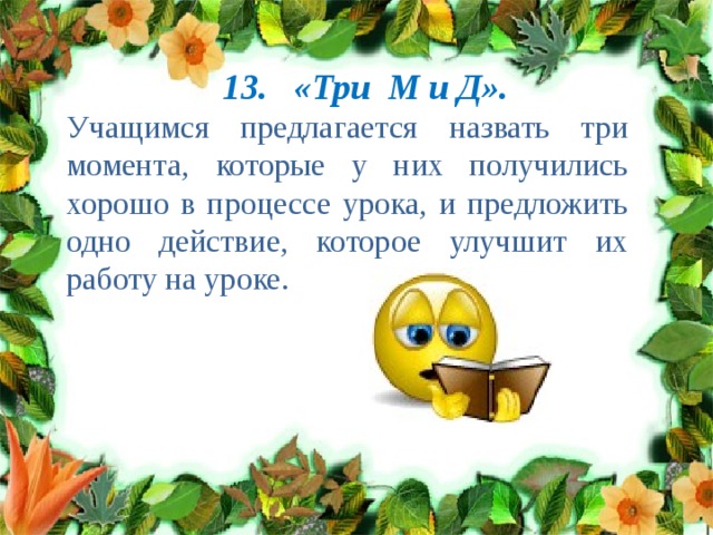 13. «Три М и Д». Учащимся предлагается назвать три момента, которые у них получились хорошо в процессе урока, и предложить одно действие, которое улучшит их работу на уроке. 