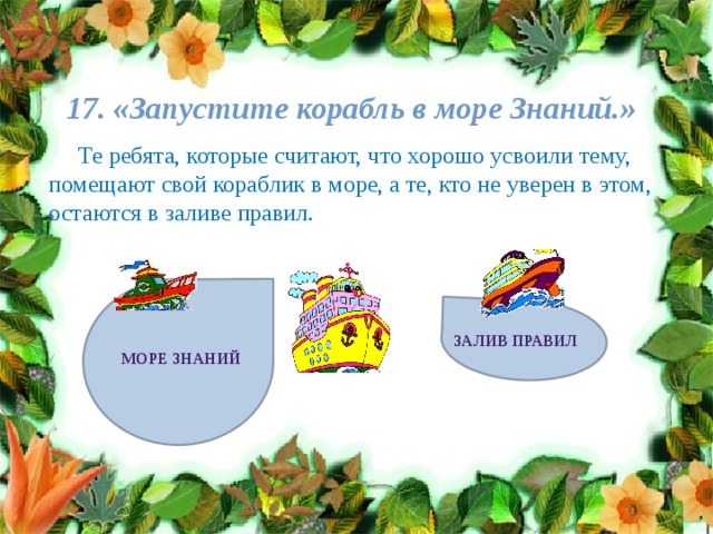 17. «Запустите корабль в море Знаний.»    Те ребята, которые считают, что хорошо усвоили тему, помещают свой кораблик в море, а те, кто не уверен в этом, остаются в заливе правил. Залив правил Море знаний 