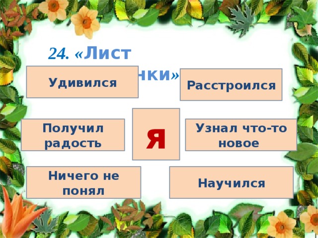 24. « Лист самооценки ». Удивился Расстроился я Получил радость Узнал что-то новое Ничего не понял Научился 