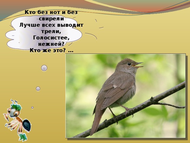 Кто без нот и без свирели  Лучше всех выводит трели,  Голосистее, нежней?  Кто же это? …   