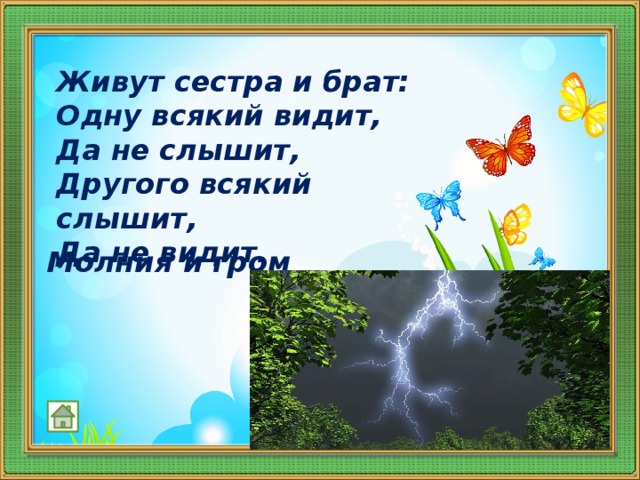 Живут сестра и брат:  Одну всякий видит,  Да не слышит,  Другого всякий слышит,  Да не видит.   Молния и гром 