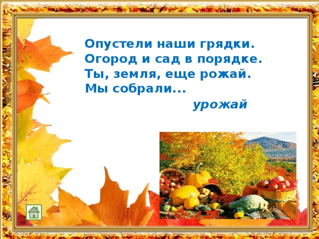  Опустели наши грядки. Огород и сад в порядке. Ты, земля, еще рожай. Мы собрали...   урожай 