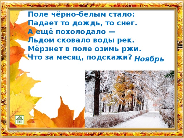 Поле чёрно-белым стало:  Падает то дождь, то снег.  А ещё похолодало —  Льдом сковало воды рек.  Мёрзнет в поле озимь ржи.  Что за месяц, подскажи?   Ноябрь 