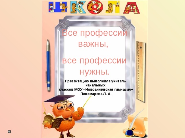 Все профессии важны, все профессии нужны. Презентацию выполнила учитель начальных  классов МОУ «Новоаннинская гимназия»  Пономарева Л. А.