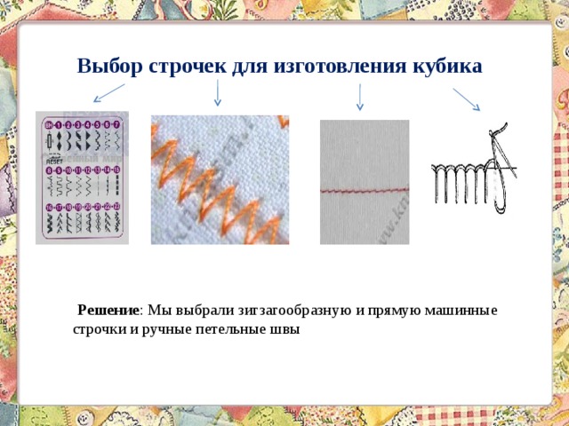 Выбор строчек для изготовления кубика  Решение : Мы выбрали зигзагообразную и прямую машинные строчки и ручные петельные швы 