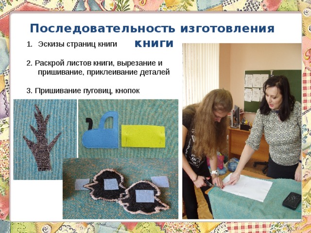 Последовательность изготовления книги Эскизы страниц книги 2. Раскрой листов книги, вырезание и пришивание, приклеивание деталей 3. Пришивание пуговиц, кнопок 