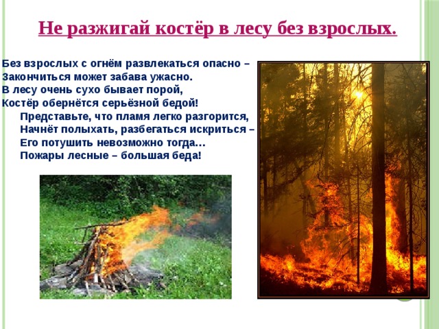  Не разжигай костёр в лесу без взрослых. Без взрослых с огнём развлекаться опасно – Закончиться может забава ужасно. В лесу очень сухо бывает порой, Костёр обернётся серьёзной бедой!  Представьте, что пламя легко разгорится,  Начнёт полыхать, разбегаться искриться –  Его потушить невозможно тогда…  Пожары лесные – большая беда! 