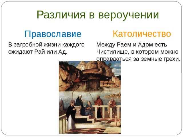 Различия в вероучении Католичество Православие В загробной жизни каждого ожидают Рай или Ад. Между Раем и Адом есть Чистилище, в котором можно оправдаться за земные грехи.  