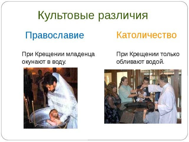 Культовые различия Католичество Православие При Крещении младенца окунают в воду. При Крещении только обливают водой.  