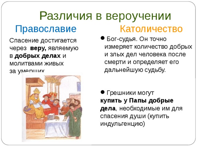 Различия в вероучении Православие Католичество Бог-судья. Он точно измеряет количество добрых и злых дел человека после смерти и определяет его дальнейшую судьбу. Грешники могут купить у Папы добрые дела , необходимые им для спасения души (купить индульгенцию) Спасение достигается через веру, являемую в добрых делах и молитвами живых за умерших  