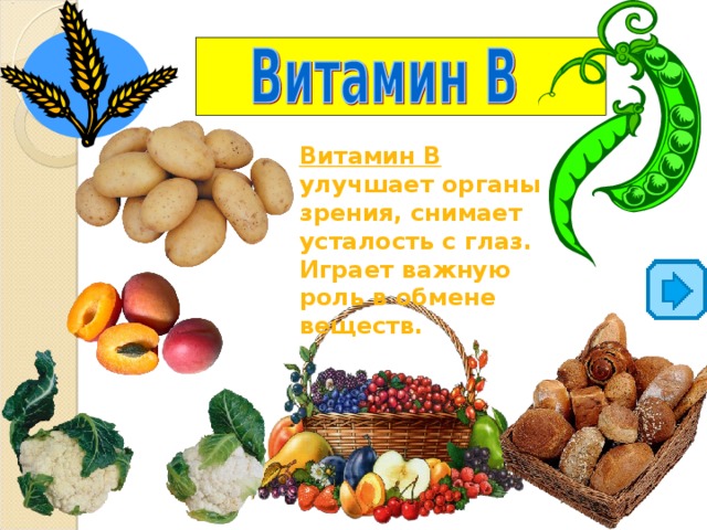 Витамин В  улучшает органы зрения, снимает усталость с глаз. Играет важную роль в обмене веществ.   