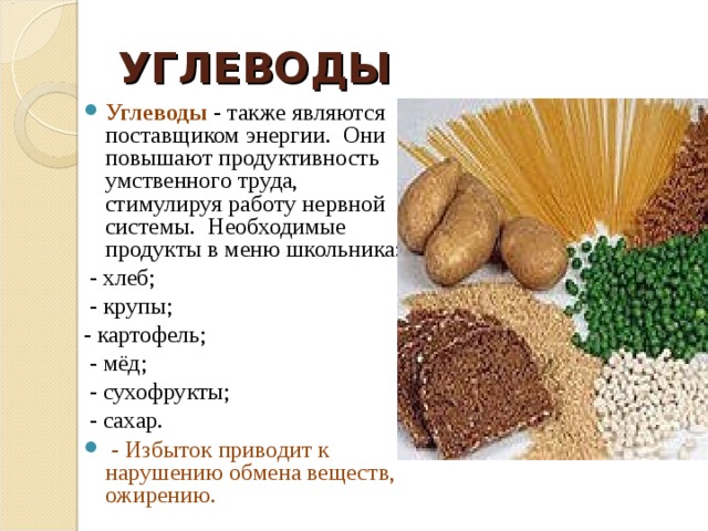 УГЛЕВОДЫ Углеводы - также являются поставщиком энергии. Они повышают продуктивность умственного труда, стимулируя работу нервной системы. Необходимые продукты в меню школьника:  - хлеб;  - крупы; - картофель;  - мёд;  - сухофрукты;  - сахар.  - Избыток приводит к нарушению обмена веществ, ожирению.  