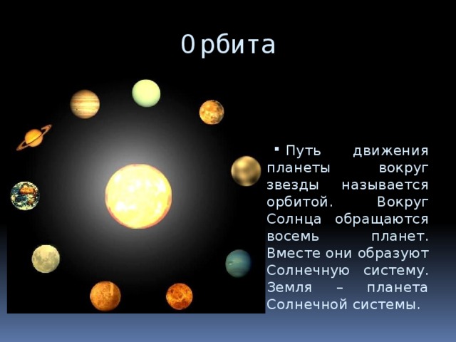 Орбита Путь движения планеты вокруг звезды называется орбитой. Вокруг Солнца обращаются восемь планет. Вместе они образуют Солнечную систему. Земля – планета Солнечной системы. 