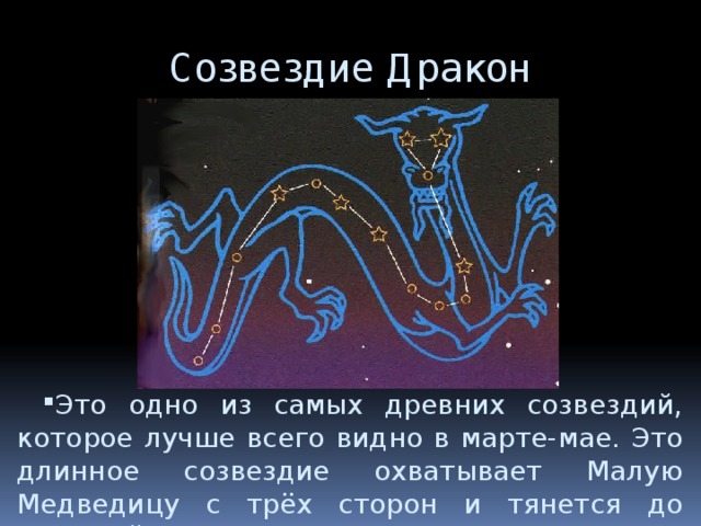 Созвездие Дракон Это одно из самых древних созвездий, которое лучше всего видно в марте-мае. Это длинное созвездие охватывает Малую Медведицу с трёх сторон и тянется до Большой Медведицы. 