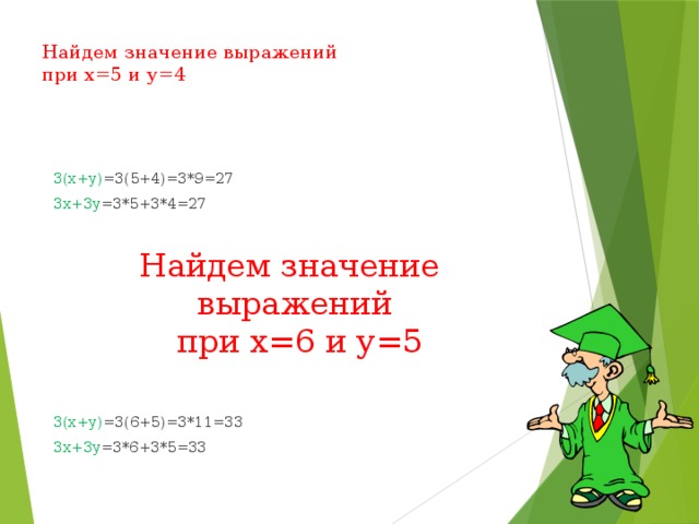 Найдем значение выражений  при х=5 и у=4   3(х+у) =3(5+4)=3*9=27 3х+3у =3*5+3*4=27 Найдем значение выражений  при х=6 и у=5 3(х+у) =3(6+5)=3*11=33 3х+3у =3*6+3*5=33 