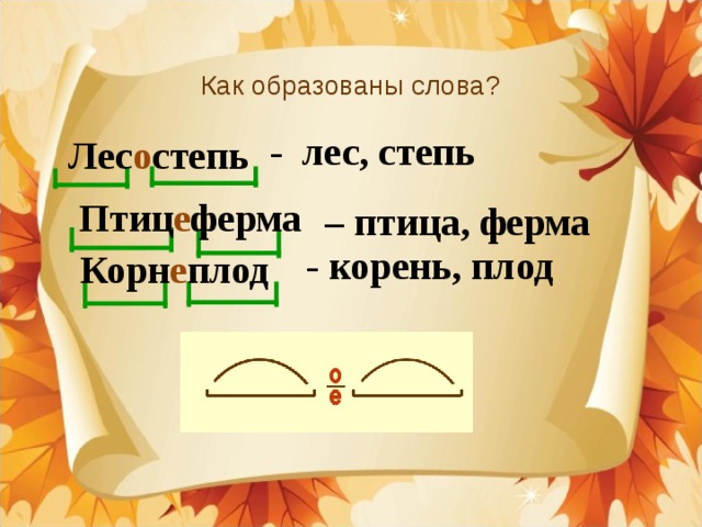 Как образованы слова? - лес, степь Лес о степь Птиц е ферма – птица, ферма - корень, плод Корн е плод 