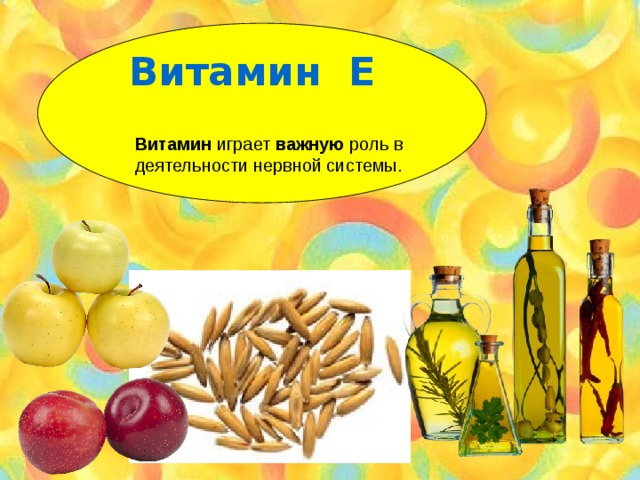 Витамин Е Витамин играет важную роль в деятельности нервной системы. 