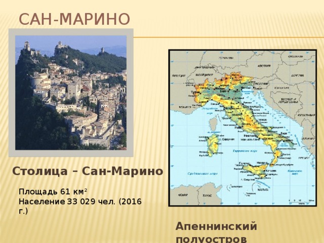 Сан-Марино  Столица – Сан-Марино Площадь 61 км² Население 33 029 чел. (2016 г.) Апеннинский полуостров 