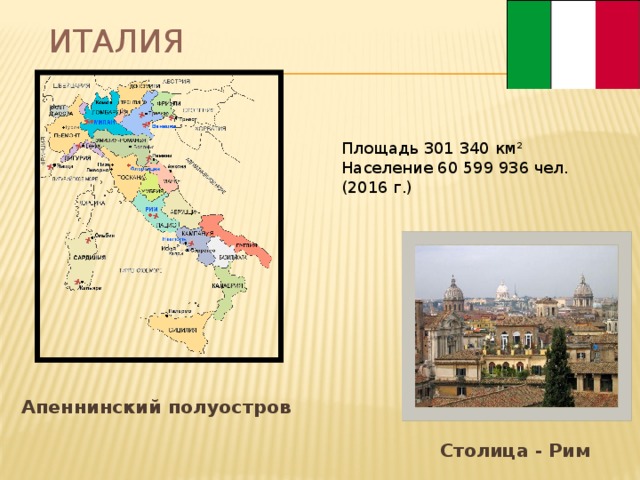 Италия Площадь 301 340 км² Население 60 599 936 чел. (2016 г.) Апеннинский полуостров  Столица - Рим 
