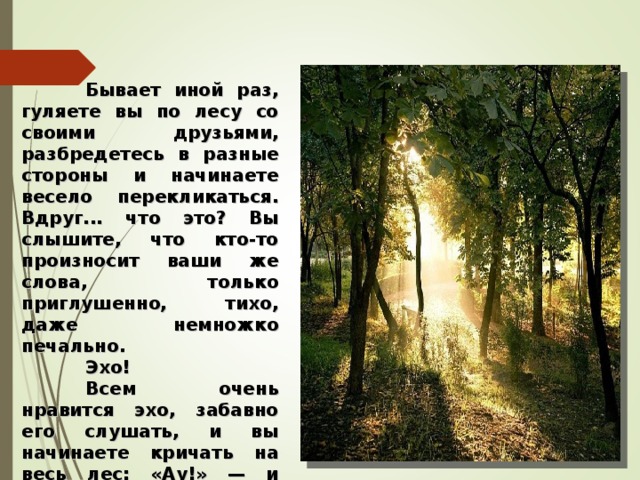  Бывает иной раз, гуляете вы по лесу со своими друзьями, разбредетесь в разные стороны и начинаете весело перекликаться. Вдруг... что это? Вы слышите, что кто-то произносит ваши же слова, только приглушенно, тихо, даже немножко печально.  Эхо!  Всем очень нравится эхо, забавно его слушать, и вы начинаете кричать на весь лес: «Ау!» — и долго еще перекликаетесь.  Но что это такое — эхо? Почему оно бывает?   