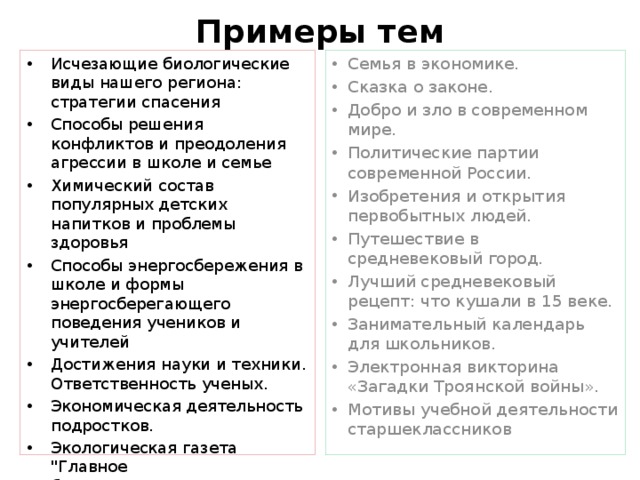 Примеры тем Исчезающие биологические виды нашего региона: стратегии спасения Способы решения конфликтов и преодоления агрессии в школе и семье Химический состав популярных детских напитков и проблемы здоровья Способы энергосбережения в школе и формы энергосберегающего поведения учеников и учителей Достижения науки и техники. Ответственность ученых. Экономическая деятельность подростков. Экологическая газета 