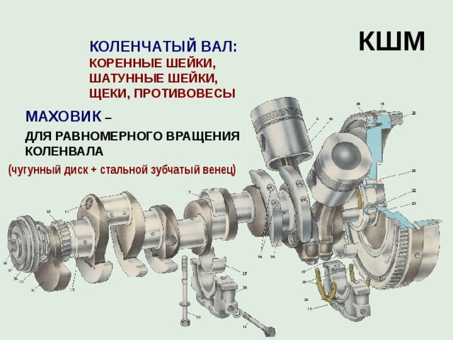 КШМ  КОЛЕНЧАТЫЙ ВАЛ:  КОРЕННЫЕ ШЕЙКИ, ШАТУННЫЕ ШЕЙКИ, ЩЕКИ, ПРОТИВОВЕСЫ   МАХОВИК  –  ДЛЯ РАВНОМЕРНОГО ВРАЩЕНИЯ КОЛЕНВАЛА (чугунный диск + стальной зубчатый венец) 