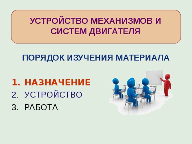 УСТРОЙСТВО МЕХАНИЗМОВ И СИСТЕМ ДВИГАТЕЛЯ ПОРЯДОК ИЗУЧЕНИЯ МАТЕРИАЛА НАЗНАЧЕНИЕ УСТРОЙСТВО РАБОТА  
