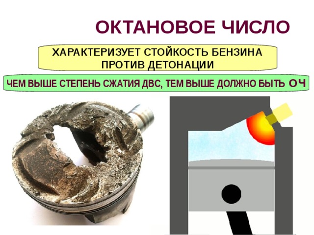 ОКТАНОВОЕ ЧИСЛО ХАРАКТЕРИЗУЕТ СТОЙКОСТЬ БЕНЗИНА ПРОТИВ ДЕТОНАЦИИ ЧЕМ ВЫШЕ СТЕПЕНЬ СЖАТИЯ ДВС, ТЕМ ВЫШЕ ДОЛЖНО БЫТЬ ОЧ ДЕТОНАЦИЯ – НЕПРАВИЛЬНОЕ (ВЗРЫВНОЕ) ГОРЕНИЕ ГОРЮЧЕЙ СМЕСИ 