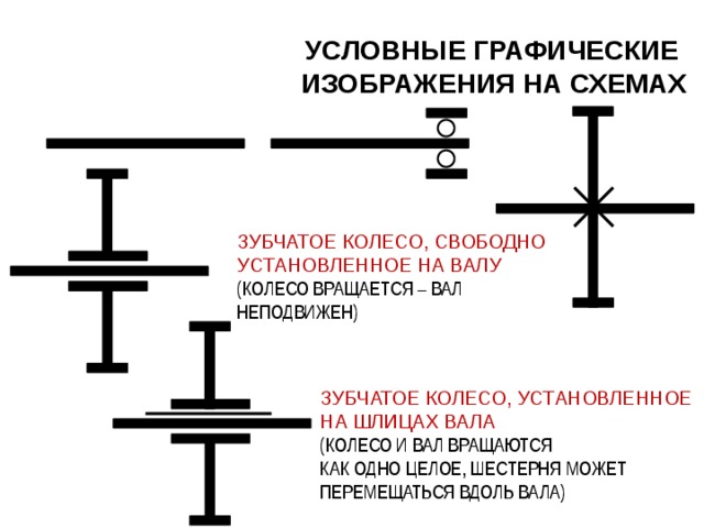 УСЛОВНЫЕ ГРАФИЧЕСКИЕ  ИЗОБРАЖЕНИЯ НА СХЕМАХ ЗУБЧАТОЕ КОЛЕСО, СВОБОДНО УСТАНОВЛЕННОЕ НА ВАЛУ (КОЛЕСО ВРАЩАЕТСЯ – ВАЛ НЕПОДВИЖЕН) ЗУБЧАТОЕ КОЛЕСО, УСТАНОВЛЕННОЕ НА ШЛИЦАХ ВАЛА (КОЛЕСО И ВАЛ ВРАЩАЮТСЯ КАК ОДНО ЦЕЛОЕ, ШЕСТЕРНЯ МОЖЕТ ПЕРЕМЕЩАТЬСЯ ВДОЛЬ ВАЛА) 