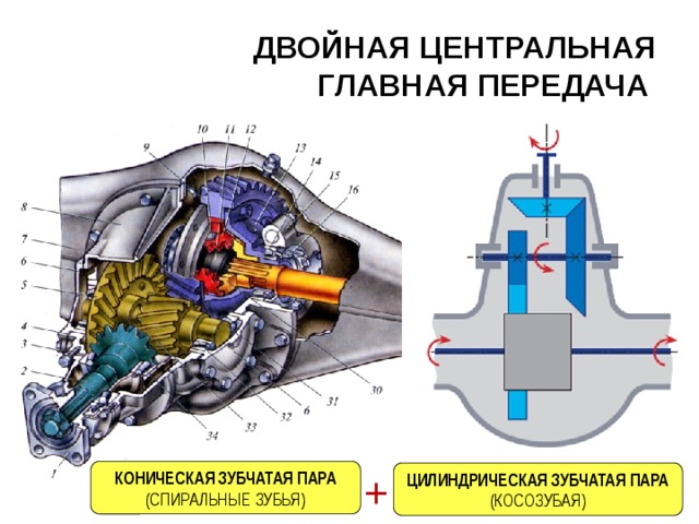 ДВОЙНАЯ ЦЕНТРАЛЬНАЯ  ГЛАВНАЯ ПЕРЕДАЧА + КОНИЧЕСКАЯ ЗУБЧАТАЯ ПАРА (СПИРАЛЬНЫЕ ЗУБЬЯ) ЦИЛИНДРИЧЕСКАЯ ЗУБЧАТАЯ ПАРА (КОСОЗУБАЯ) 