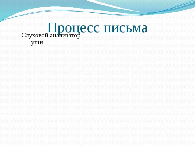 Процесс письма Слуховой анализатор глаза Речедвигательный уши Зрительный анализатор 