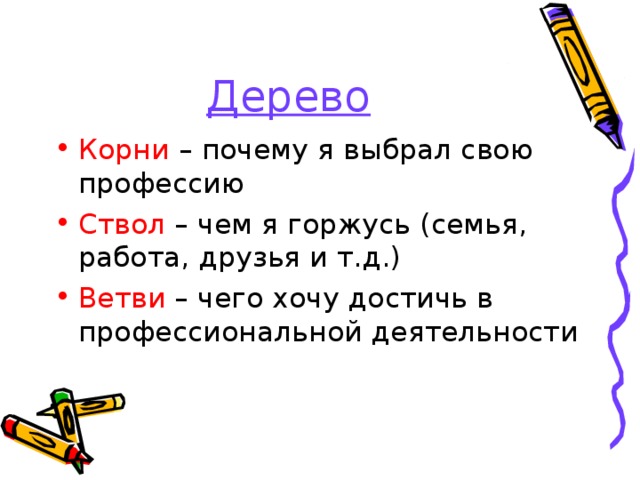 Дерево Корни – почему я выбрал свою профессию Ствол – чем я горжусь (семья, работа, друзья и т.д.) Ветви – чего хочу достичь в профессиональной деятельности 