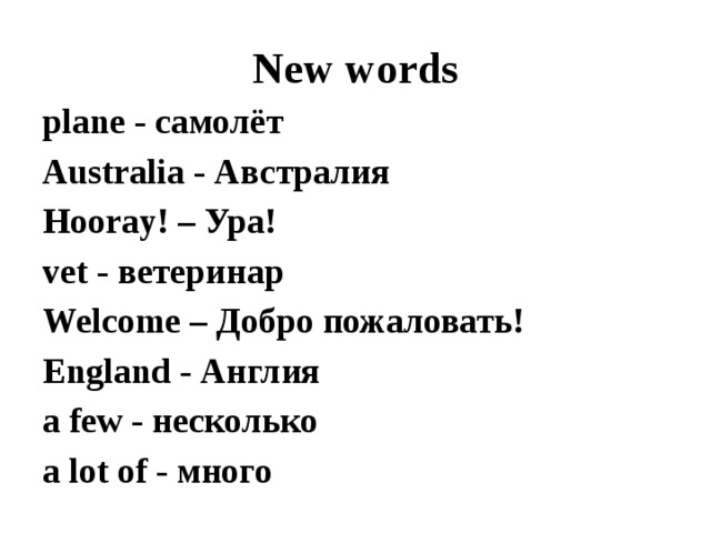 New words plane - самолёт Australia - Австралия Hooray! – Ура! vet - ветеринар Welcome – Добро пожаловать! England - Англия a few - несколько a lot of - много     