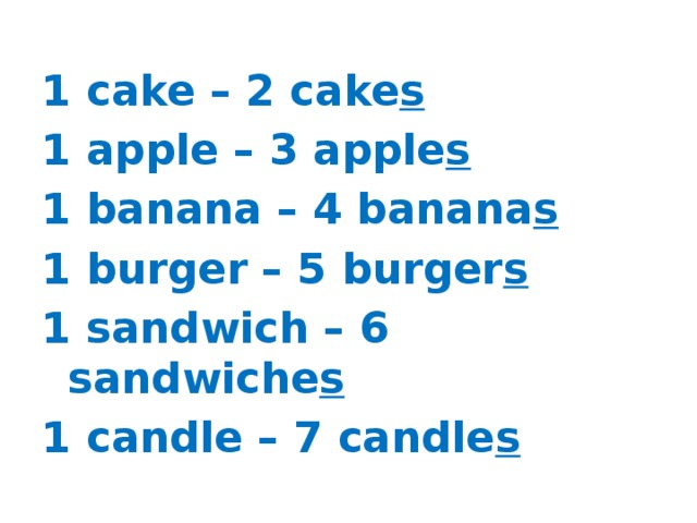 1 cake – 2 cake s 1 apple – 3 apple s 1 banana – 4 banana s 1 burger – 5 burger s 1 sandwich – 6 sandwiche s 1 candle – 7 candle s 