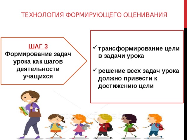 ТЕХНОЛОГИЯ ФОРМИРУЮЩЕГО ОЦЕНИВАНИЯ трансформирование цели в задачи урока  решение всех задач урока должно привести к достижению цели ШАГ 3 Формирование задач урока как шагов деятельности учащихся 