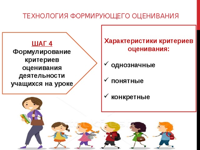ТЕХНОЛОГИЯ ФОРМИРУЮЩЕГО ОЦЕНИВАНИЯ Характеристики критериев оценивания:  однозначные  понятные  конкретные ШАГ 4 Формулирование критериев оценивания деятельности учащихся на уроке 